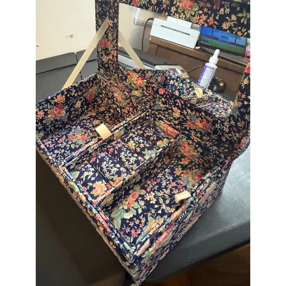 Vintage Floral Chintz Fabric Jewelry Box Navy Blue Mirror Organizer Tray